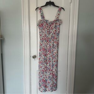 Zara Women’s Small Linen Floral Midi Dress White Blue Flower with Slit NWT